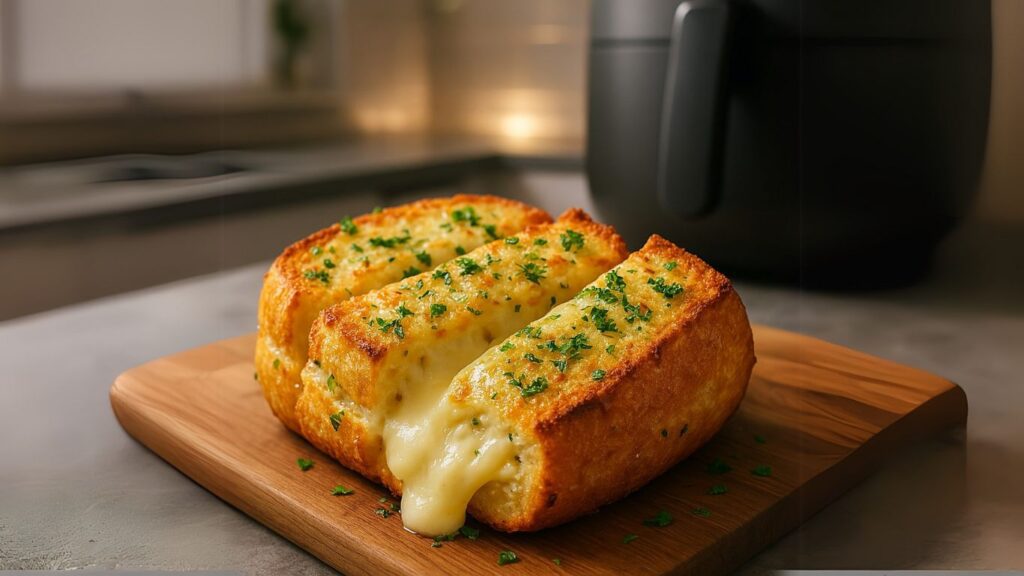 Pão de alho crocante com queijo derretido e dourado feito na Airfryer
