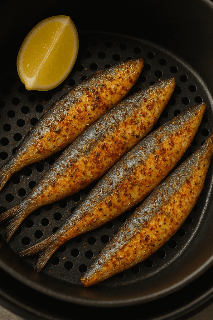 Sardinhas inteiras assadas na Air Fryer, douradas e crocantes, servidas com arroz e salada