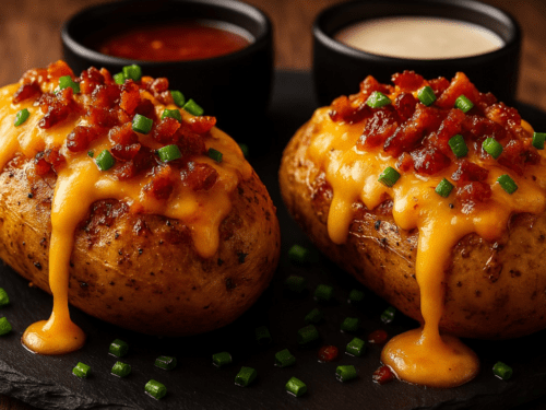 Batata com casquinha crocante, recheada com queijo e bacon, direto da Airfryer
