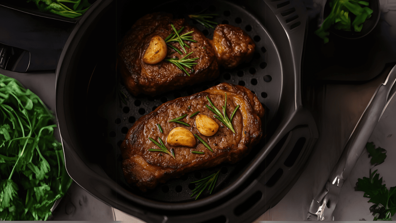 Aprenda como fazer contra-filé na Air Fryer estilo steakhouse com alho, manteiga e alecrim. Receita suculenta, rápida e com sabor gourmet!