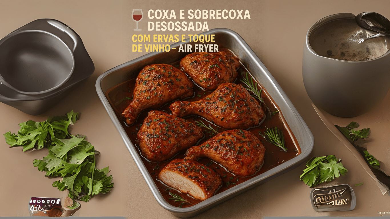 Prepare coxa e sobrecoxa desossada na Air Fryer com vinho e ervas. Receita gourmet fácil, crocante e suculenta para impressionar no almoço ou jantar.