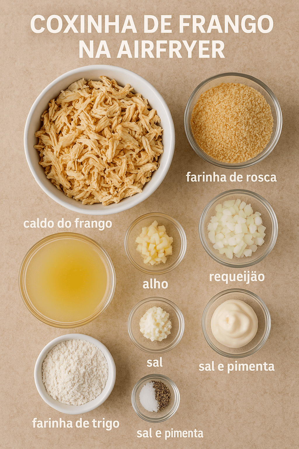 Ingredientes da receita de coxinha de frango na Airfryer organizados em potes sobre uma bancada